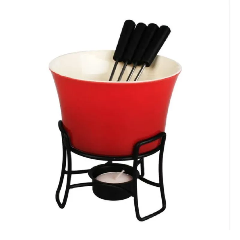 Conjunto Fondue Ceramica E Aço Inox Chocolate Queijo Carne 4 Pessoas Completo Vermelho