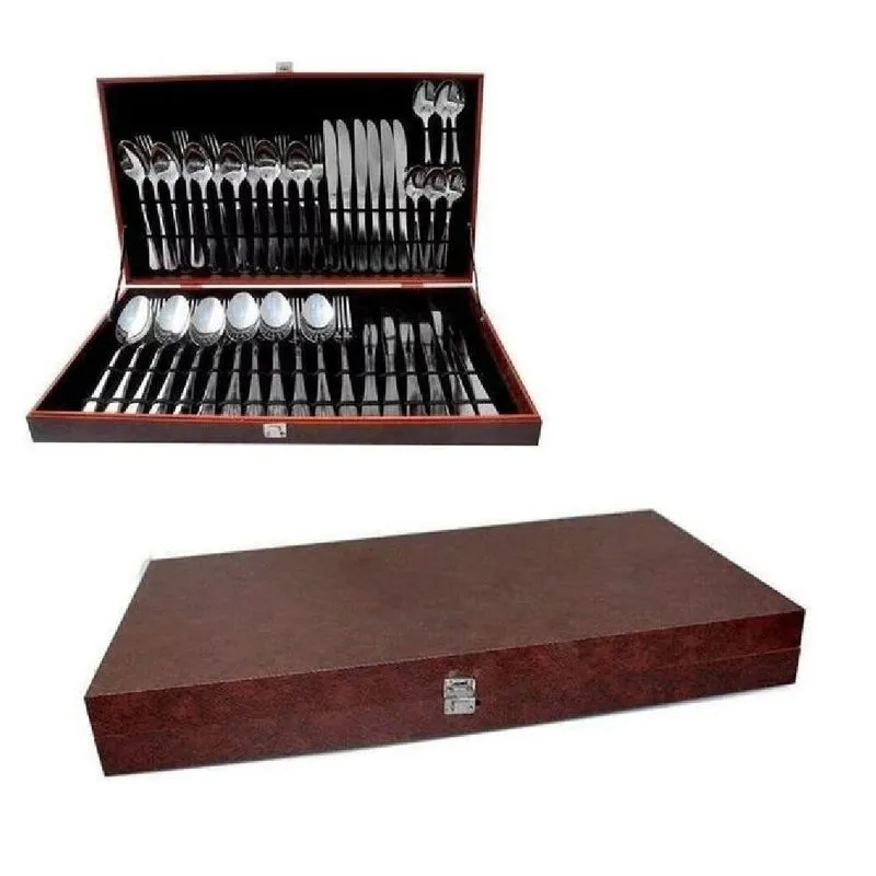 Kit Faqueiro 42 Peças Em Inox Conjunto Completo Com Estojo Em Madeira Luxo