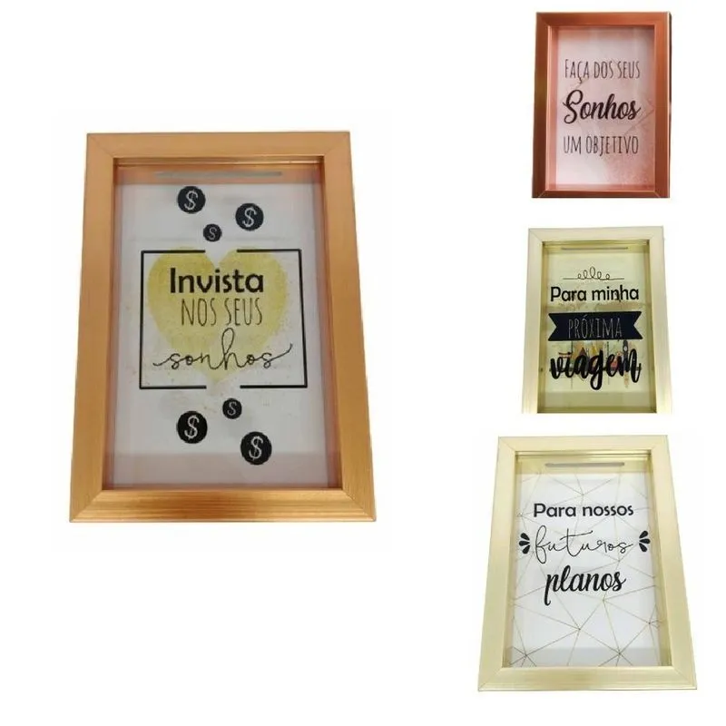 Quadro Cofre Frases Cofrinho Porta Dinheiro Rose Gold Dourado De Mesa Parede Vidro Decoracao Sonhos Dourado Modelo 2