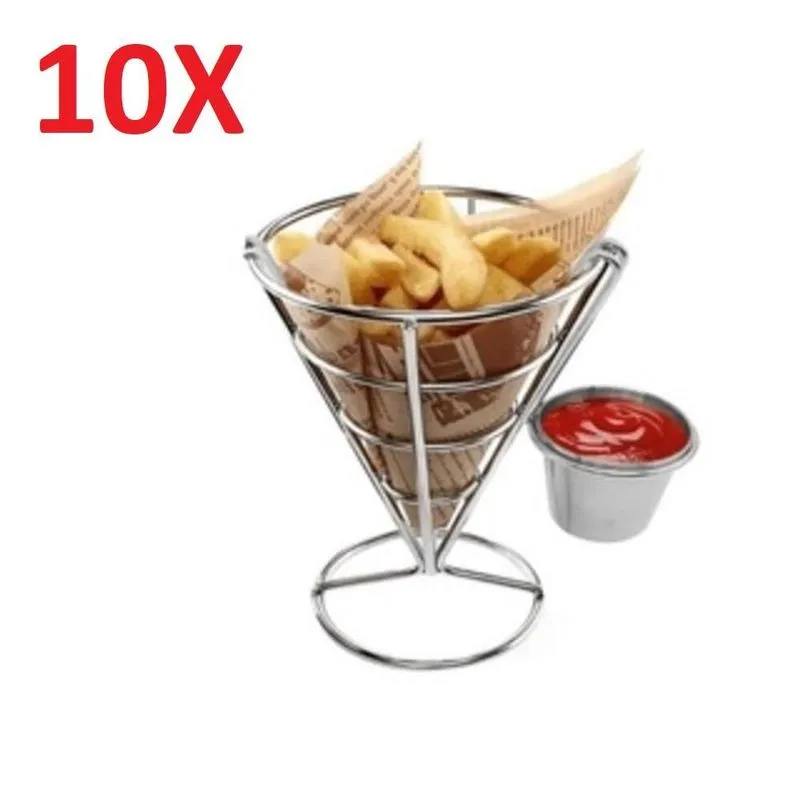 Kit 10 Cesto Cone Para Servir Batata Frituras Petiscos Multiuso Aco Inox Com Molheira