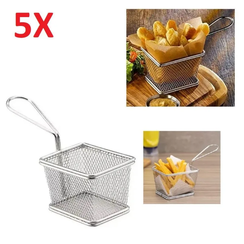 Kit 5 Mini Cesta Para Servir Petisco Porcoes Frituras Em Aco Inox Alca Bar Restaurante Lanchonete