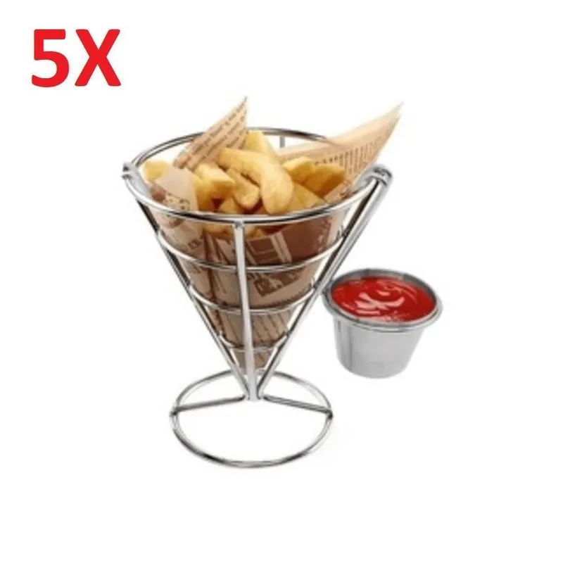 Kit 5 Cesto Cone Para Servir Batata Frituras Petiscos Multiuso Aco Inox Com Molheira
