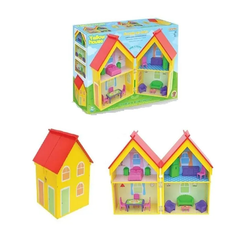 Casinha De Bonecas Em Mdf Casa Amarela Com Moveis Meninas
