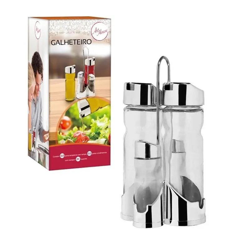 Galheteiro 5 Peças Com Suporte Cromado Azeite Sal Vinagre Kit Em Vidro 160ml