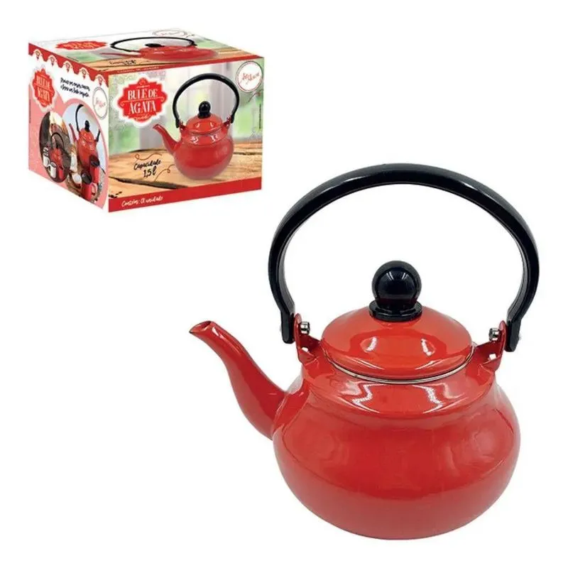 Bule Chaleira Vintage Retro Esmaltado Vermelho 1,5 Litros Decorativa Tradicional