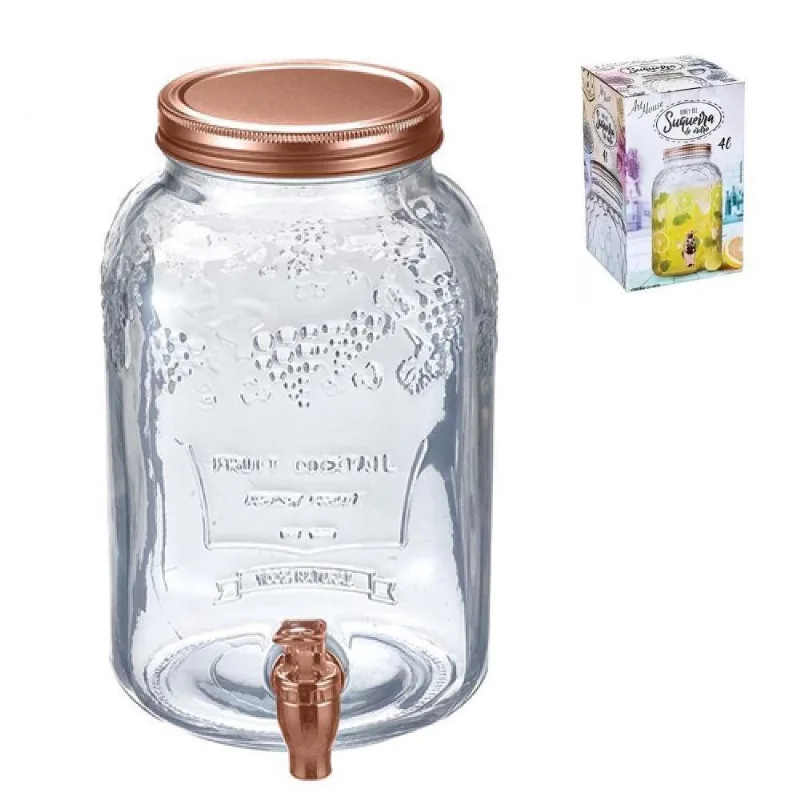 Suqueira De Vidro Retro Vintage Com Tampa Torneira 4 Litros Rose Gold Bebidas Agua Suco