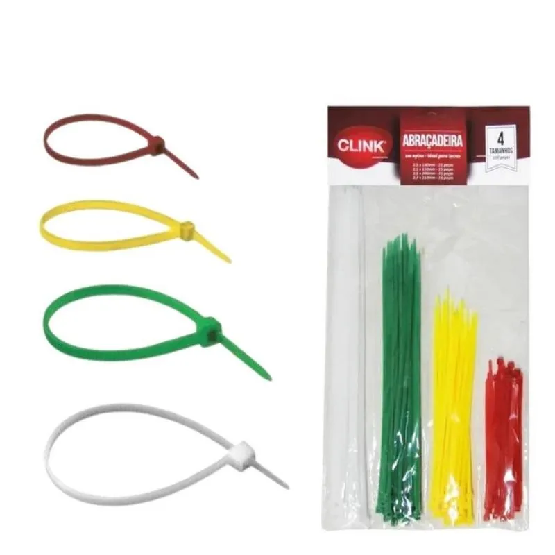 Kit Abraçadeira Platica 100lacres Multiuso Nylon Enforca Gato 4 Em 1 Colorido Em 4 Tamanhos