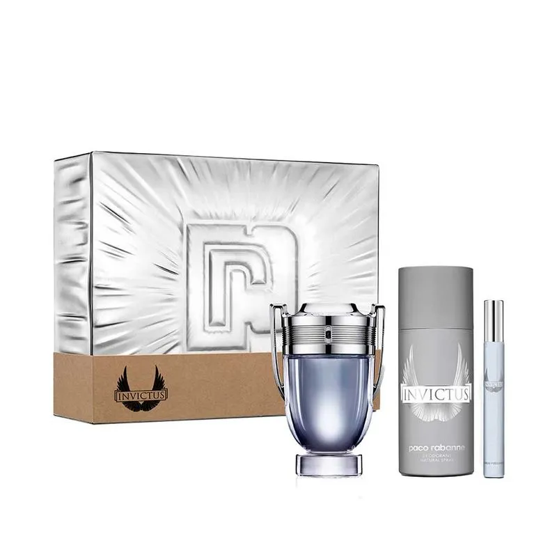 Rabanne Invictus Kit – Perfume Masculino EDT 50ml + Desodorante + Spray de Viagem Kit