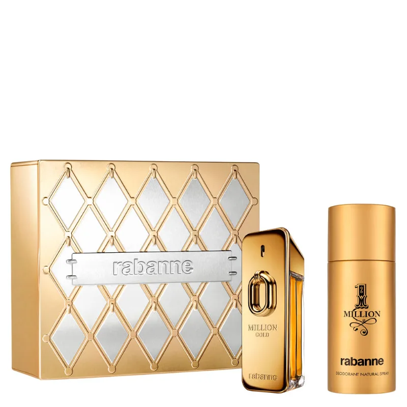 Kit Perfume Rabanne Million Intense Gold Masculino - Eau de Parfum 100ml + Desodorante 150ml + Eau de Parfum 10ml Coffret