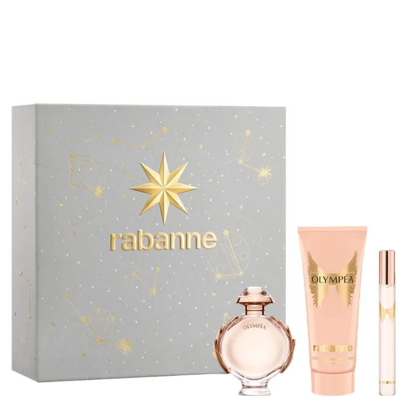 Kit Coffret Perfume Rabanne Olympéa Feminino Eau de Parfum 50ml + Creme Corporal 100ml + Miniatura 10ml Kit