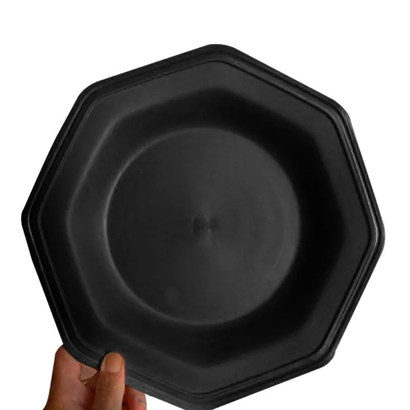 Prato Plástico Recepiente Oitavado Refeição Duro 26cm Preto