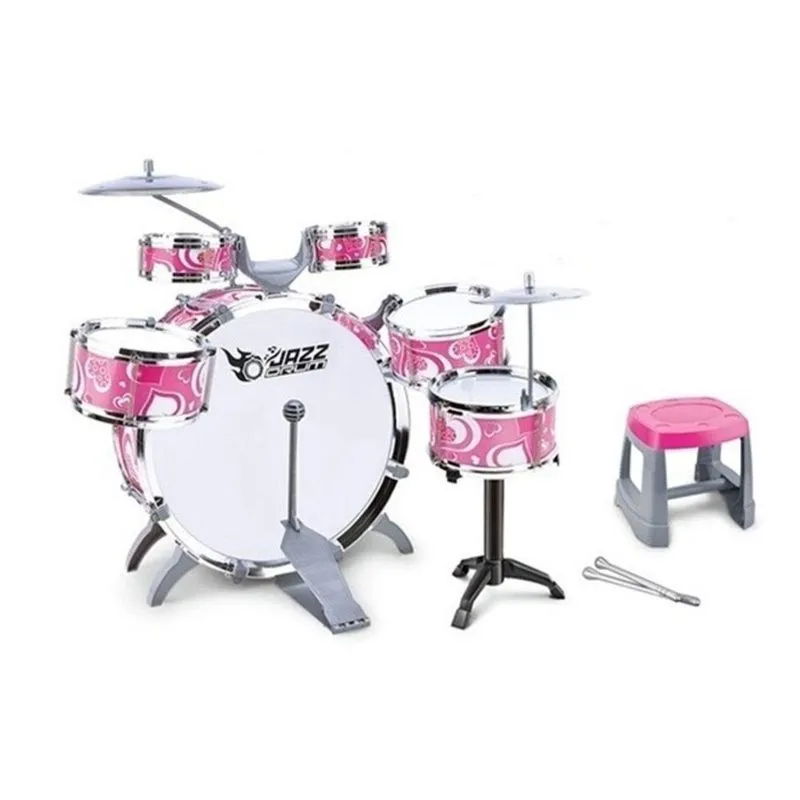 Bateria Infantil Rosa Rocky Girl Grande 10 Peças Criança Com Pedal Instrumento Musical Meninas