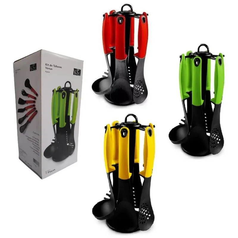 Kit 7 Pecas De Talheres Nylon Com Suporte Utensilios De Cozinha Giratorio Pratico Kehome