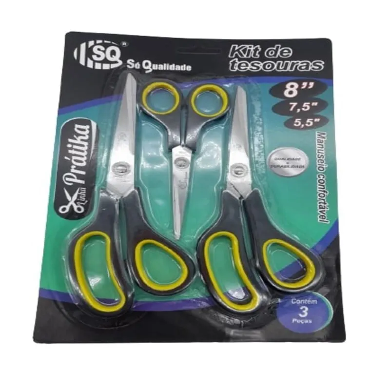 Conjunto de tesouras multiuso em aço inox 3 tamanhos tecidos papel cozinha borracha eva escritorio