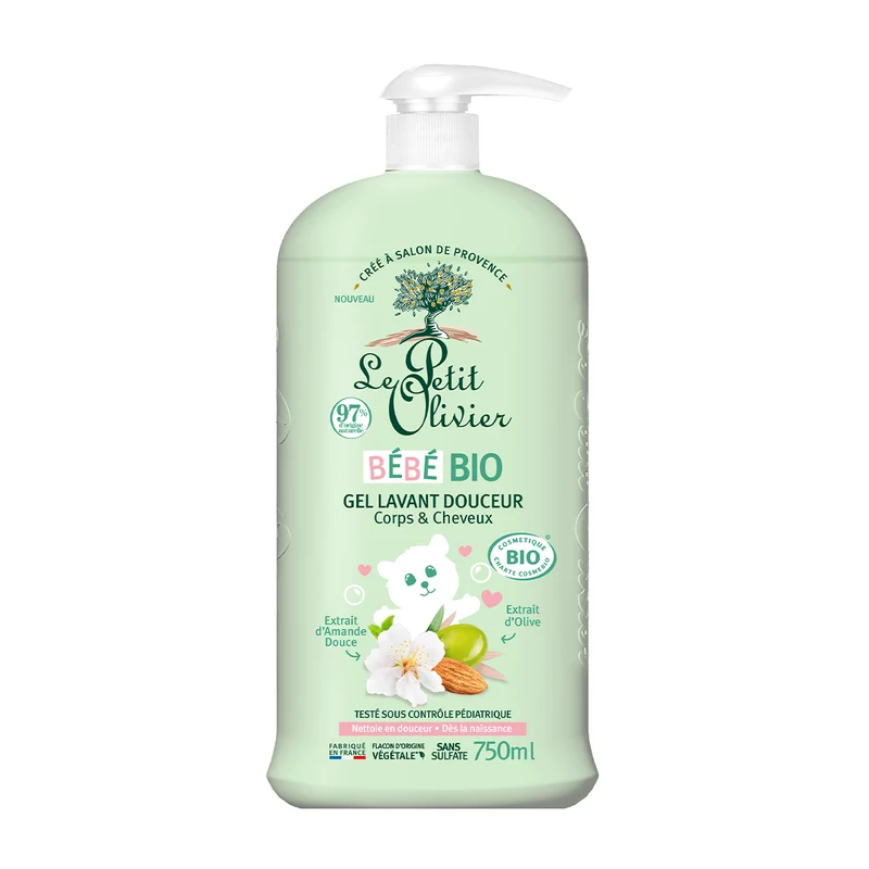 Gel de Baño Bebé Cuerpo y Cabello 750ml, Le Petit Olivier SIN SABOR