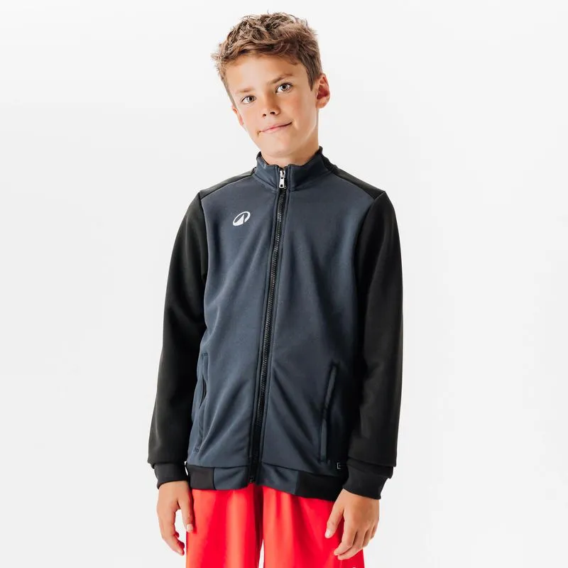 Jaqueta Infantil de Futebol Essential Kipsta Preta Casaco Futebol para Treino Criança ESSENTIAL Preto e Cinzento, 7 Anos