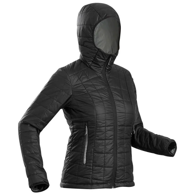 Jaqueta feminina de trekking Trek 100 com capuz Preto-cinza Jaqueta feminina de trekking Trek 100 com capuz, preto-cinza, G