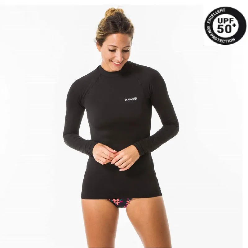 Camiseta Rashguard Feminina de Surf UV50 Olaian Preta - P