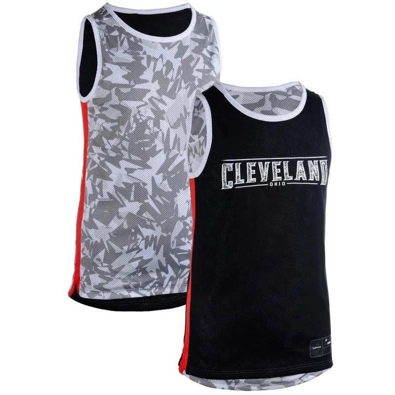 Camiseta de Basquete Infantil T500 Reversível Preto Camiseta Regata de Basquete Infantil Rev