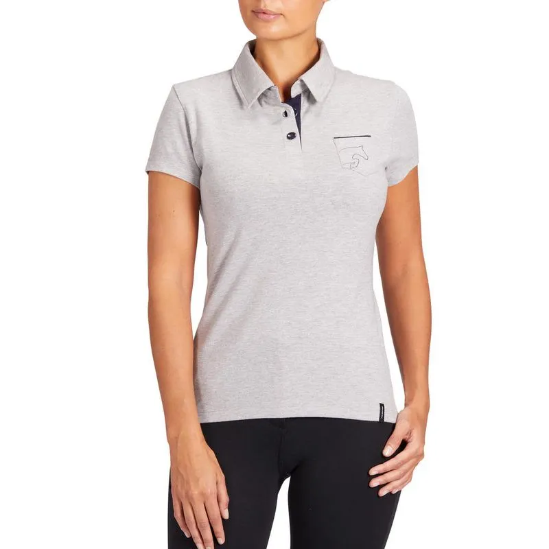Camisa Polo Hipismo Feminina 140 Fouganza Cinza SS PL 100 W S.S POLO SHIR, UK 12 - EU 40