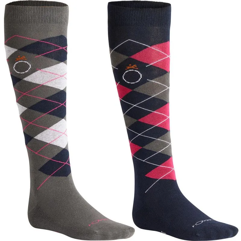 Meias Hipismo 500 Fouganza Azul-marinho-escuro SOCKS LOSANGE NAVY/GR, UK 2.5-5-EU 35-38