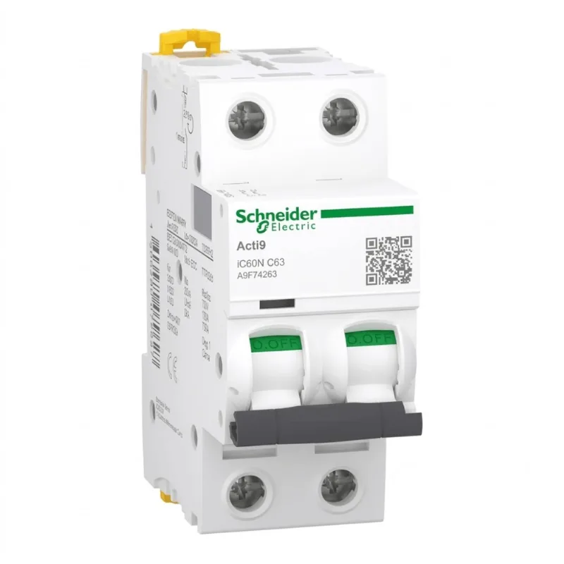 Disjuntor 2P 63A Curva C 20kA 230V Acti9 iC60N A9F74263 Schneider
