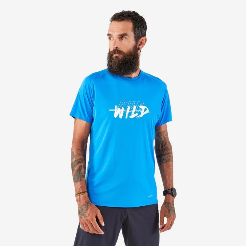 T-Shirt Resistente de Trail Running Homem KIPRUN Run 500 Azul Estampado, GG