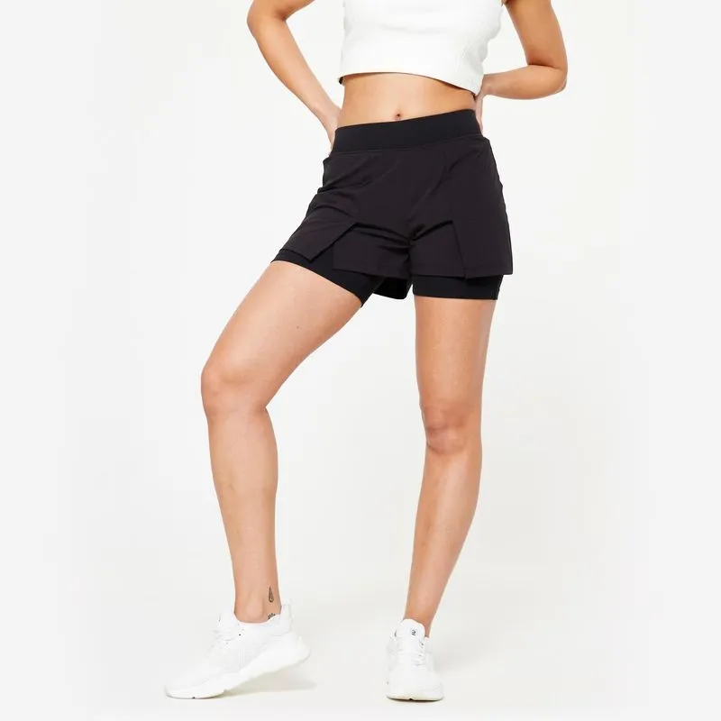 Calções 2 em 1 de Fitness Mulher 500 Preto, S