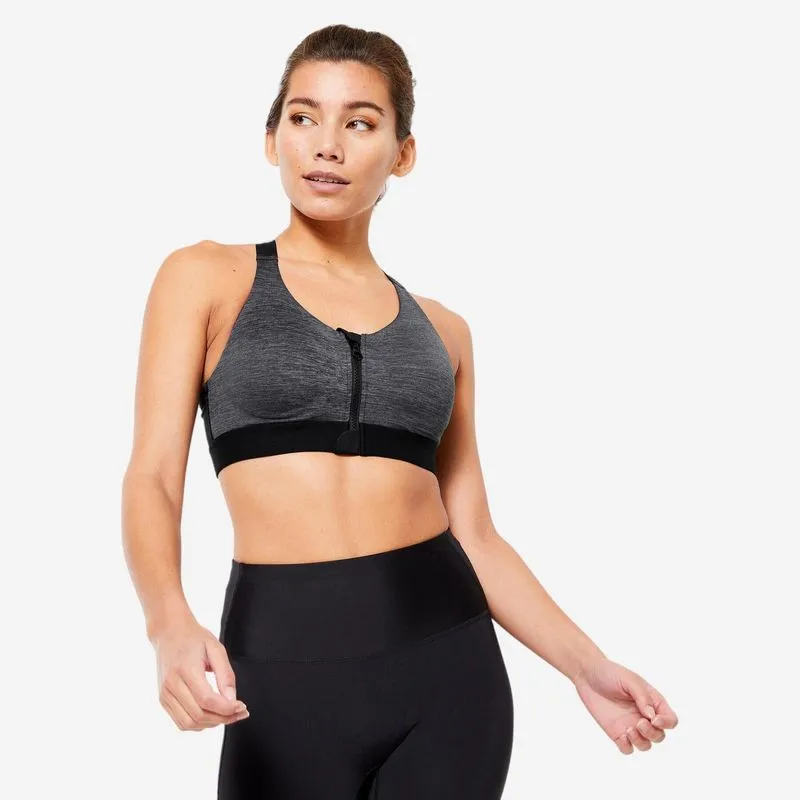 Top Feminino de Treino com Suporte Elevado Domyos Preto Brassière zippée avec coques maintien fort Femme, Noir et gris, M