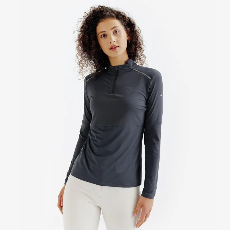 Camisa Polo Feminina de Hipismo Manga Longa UV Fouganza Cinza Escuro - M