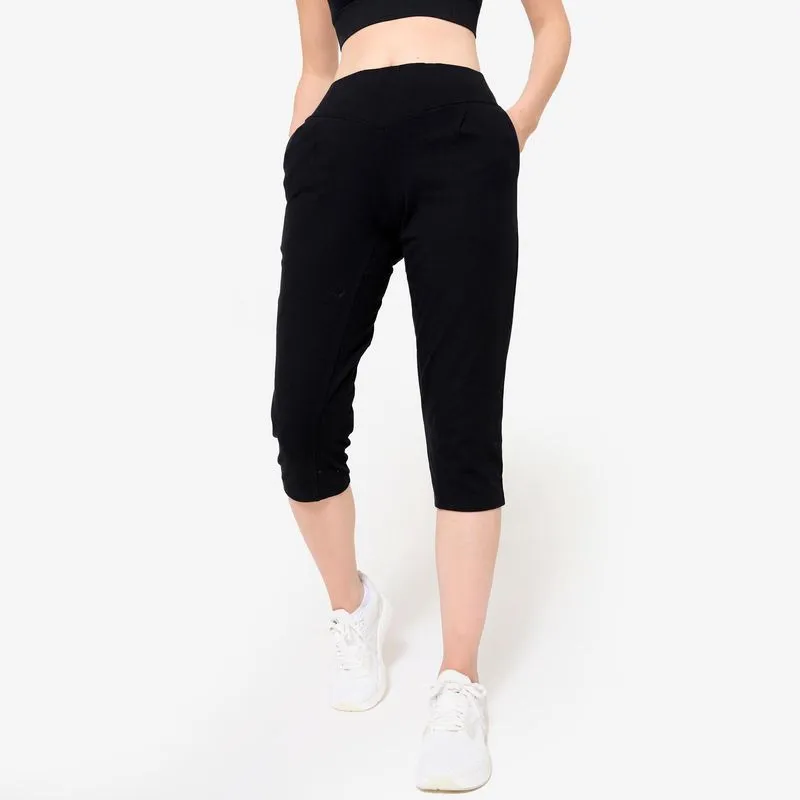 Legging Feminina de Treino Slim 500 Domyos Preta Calça Corsário Feminina de Algodão com Bolsos Domyos Preta, 3G