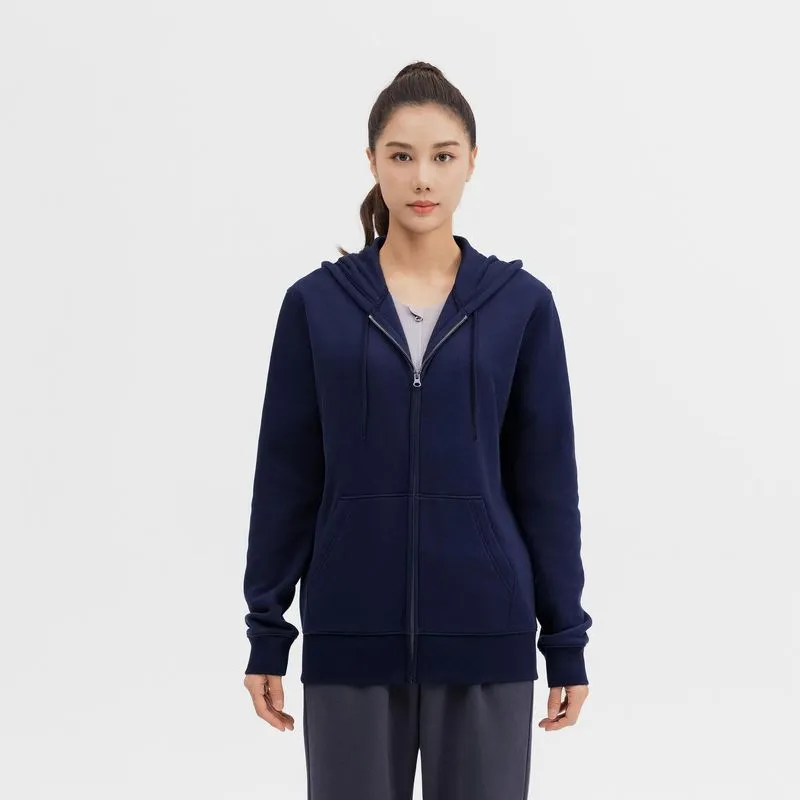 Jaqueta Feminina de Ginástica e Pilates Essentials 500 Domyos Azul Marinho Moletom Fitness Feminino com Capuz e Zíper 500 Essencial Azul Aço, L