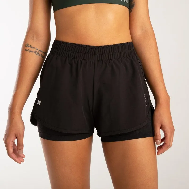 Short Feminino de Treino 2 em 1 Domyos Preto Shorts Feminino 2 em 1 de Treino 120, P
