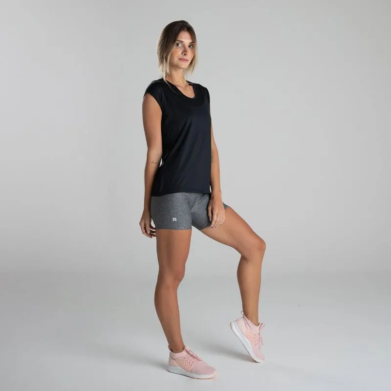Camiseta Feminina de Treino Domyos Preta Camiseta Feminina Fitness Respi 100 em Poliéster, P