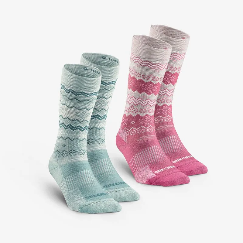 Kit 2 Pares de Meias Infantil de Trilha na Neve SH100 Cano Médio Quechua Rosa e Verde Meias Unissex para Trilha SH500 Mid Quechua Verde/Rosa, 5.5-8 - 39/42