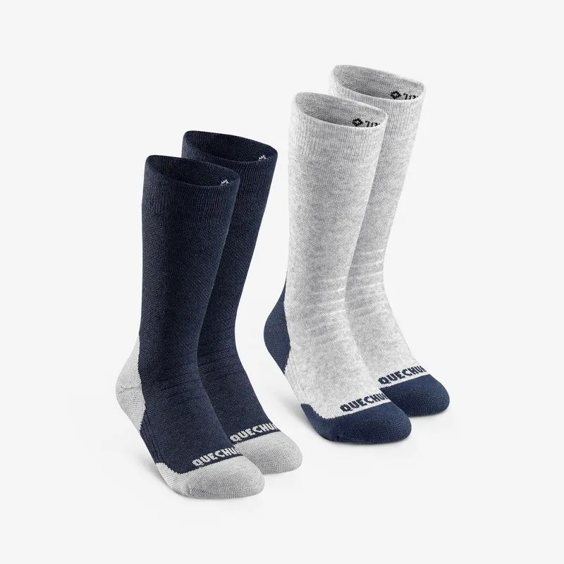 Kit 2 Pares de Meias Infantil de Trilha na Neve SH100 Cano Médio Quechua Azul Marinho Meias quentes de caminhada para crianças, SH100 Mid azuis, BR 29