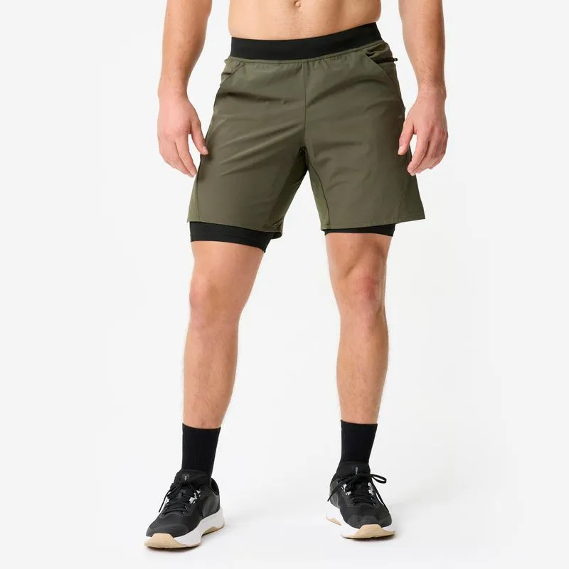 Shorts Masculino de Treino 2 em 1 Com Ziper Domyos Verde Shorts de fitness 2 em 1 respirável masculino com bolso de zíper, M