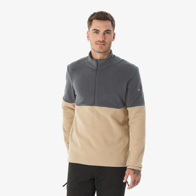 Jaqueta Masculina de Trilha MH500 Fleece Quechua Cinza e Bege Fleece masculino para caminhadas em montanhas, MH500 com meio zíper, bege, G