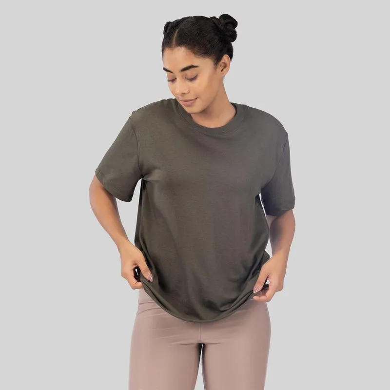 Camiseta Feminina de Treino Cardio Oversize 520 Domyos Caqui Camisa Feminina de Treino Cardio Oversize 500 Domyos Caqui, GG