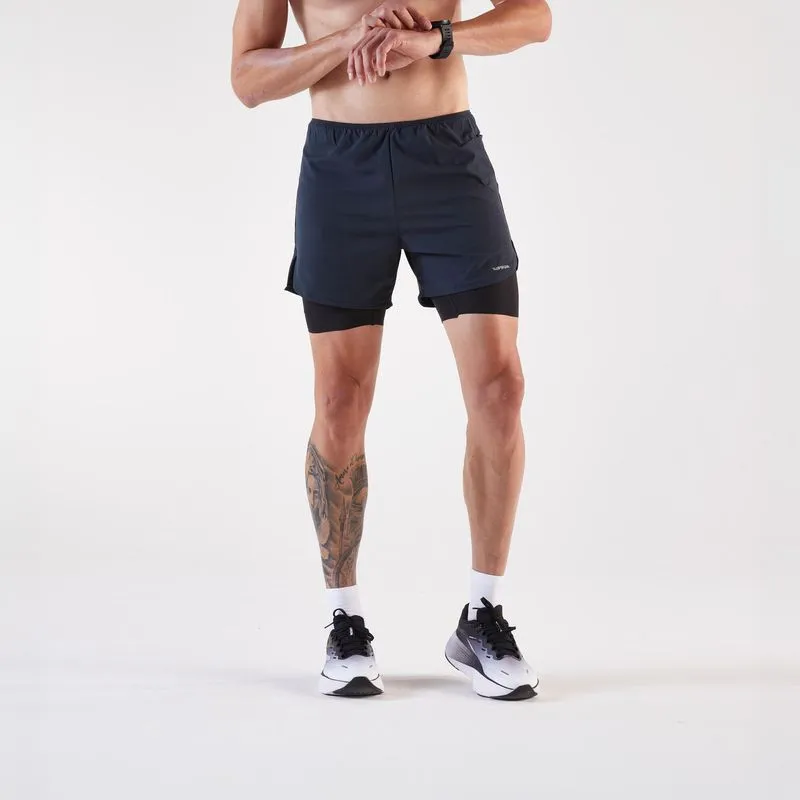 Shorts Masculino de Corrida 2 em 1 Run 500 Kiprun Preto Shorts Masculino de Corrida 2 em 1 Run 500 Confort Kiprun Preto, P