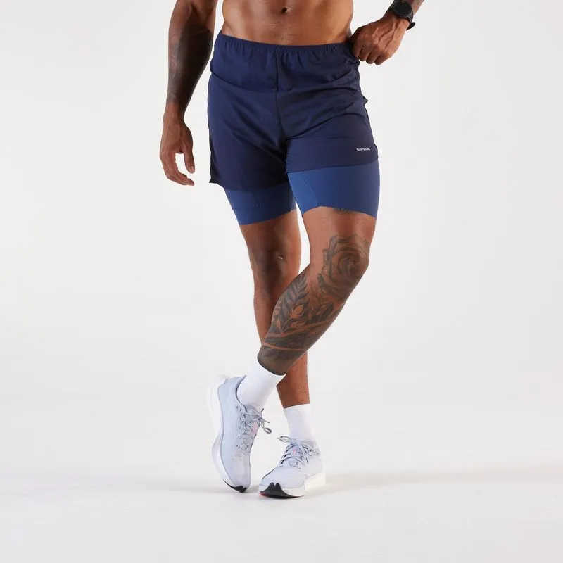 Shorts Masculino de Corrida 2 em 1 Run 500 Kiprun Azul Marinho Shorts Masculino de Corrida Run 500 Comfort Kiprun Azul-marinho, P