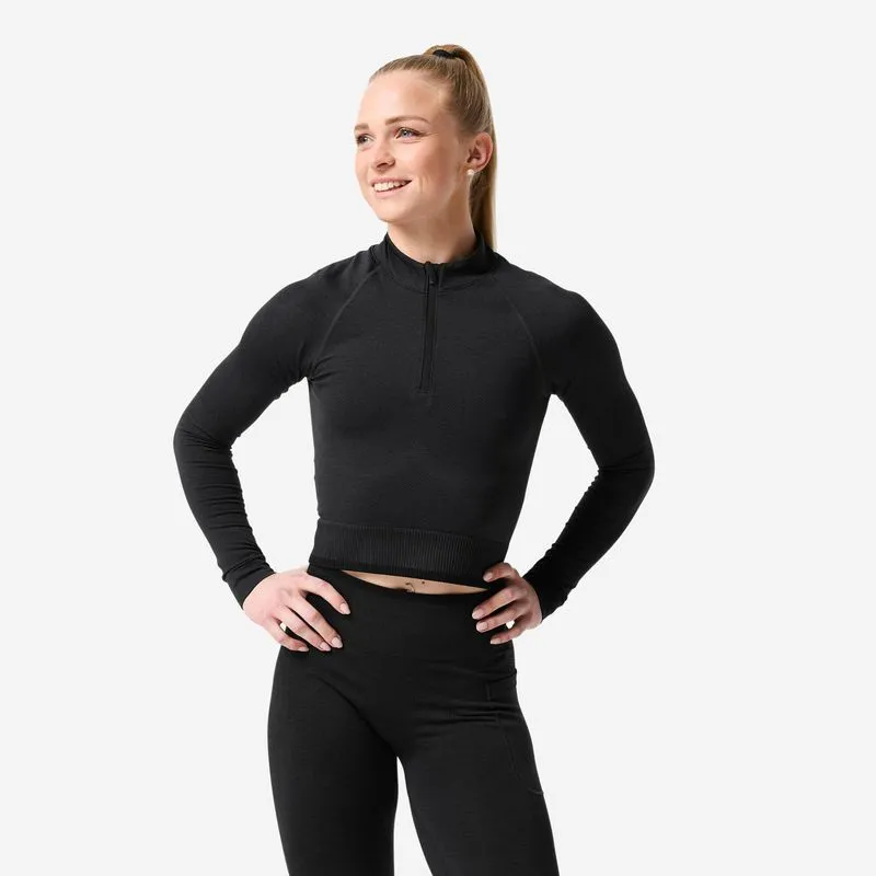 Blusa Feminina de Musculação de Manga Comprida com Meio Zíper Domyos Preta, G