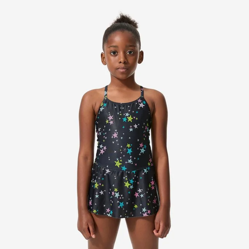 Traje de banho feminino de uma peça com saia, Lila star black, 7-8 ANOS