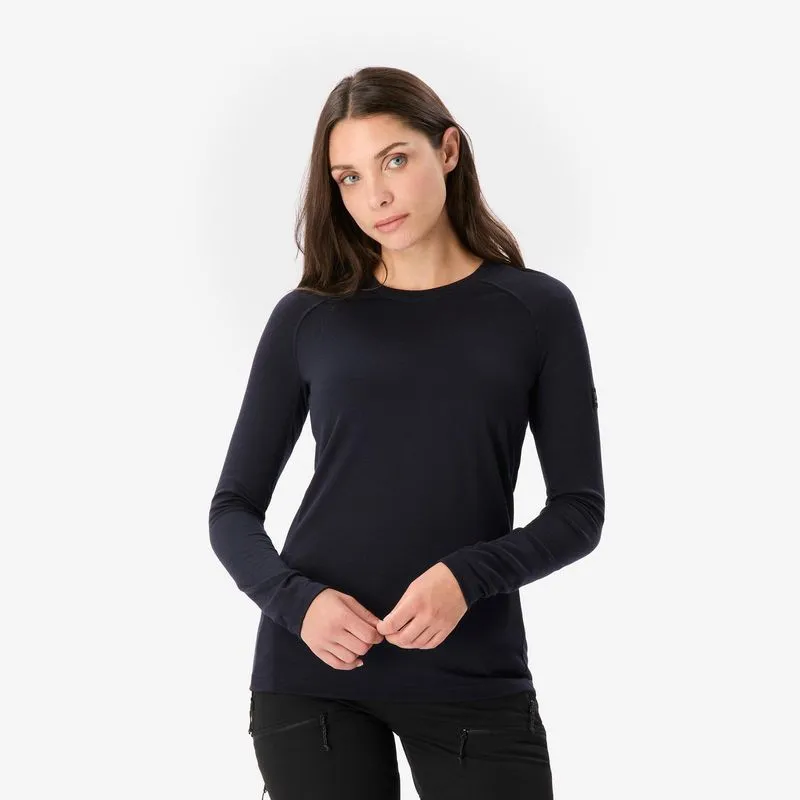 Camiseta Segunda Pele Feminina de Trekking Lã Merino Manga Longa Forclaz Simond Azul Marinho - M