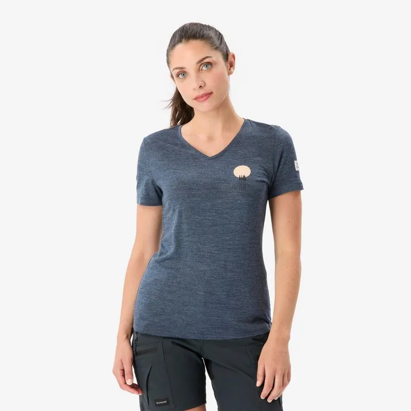 Camiseta Feminina para Trilha de Lã Merino TRAVEL 100 Simond Azul Camiseta Feminina de Trilha em Lã Merino Travel 100 Simond Azul - P