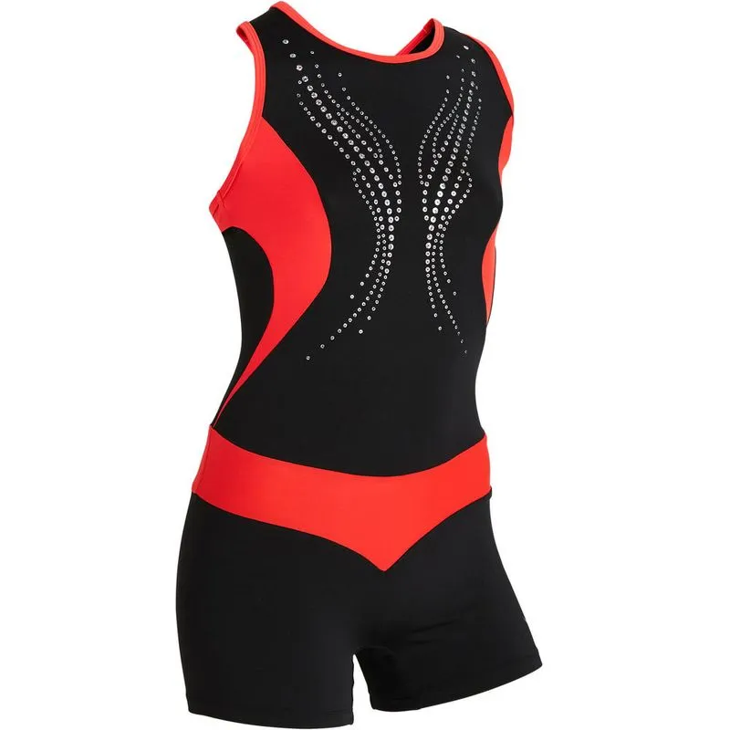 Collant com shorts de Ginástica Artística Preto GAFCOM 500 F SHORT UNITARD FLR, 10 YEARS