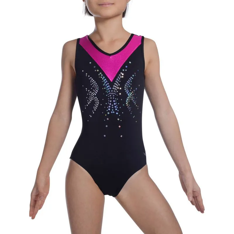 Collant infantil feminino para Ginástica artistica e rítmica Domyos Preta-azul LEO WS AG SEQUIN JR BLACK PINK, 12 YEARS
