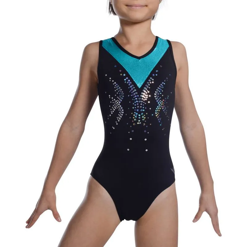Collant infantil feminino para Ginástica artistica e rítmica Domyos LEO WS AG SEQUIN JR BLACK TURQ, 12 YEARS