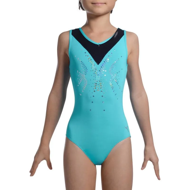 Collant infantil feminino para Ginástica artistica e rítmica Domyos Azul LEO WS AG SEQUIN JR TURG BLACK, 10 YEARS