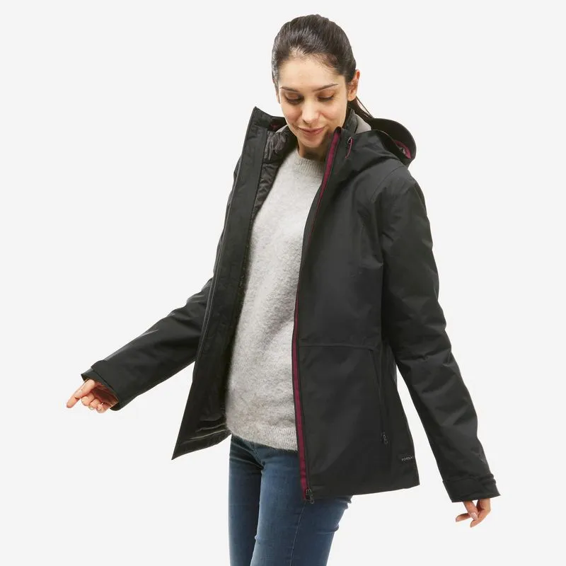 Jaqueta Feminina de Trilha 3 em 1 SH500 Impermeável Quechua Preta, M